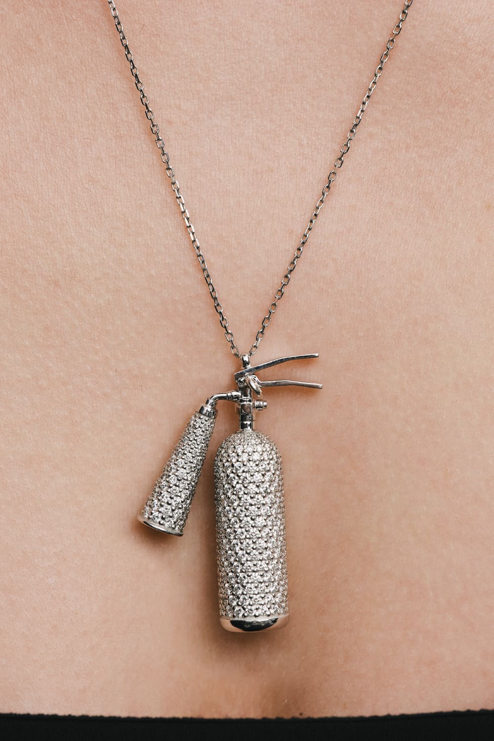Custom Necklaces Bold Extinguisher Pendant, with diamonds, white gold for a luxurious style