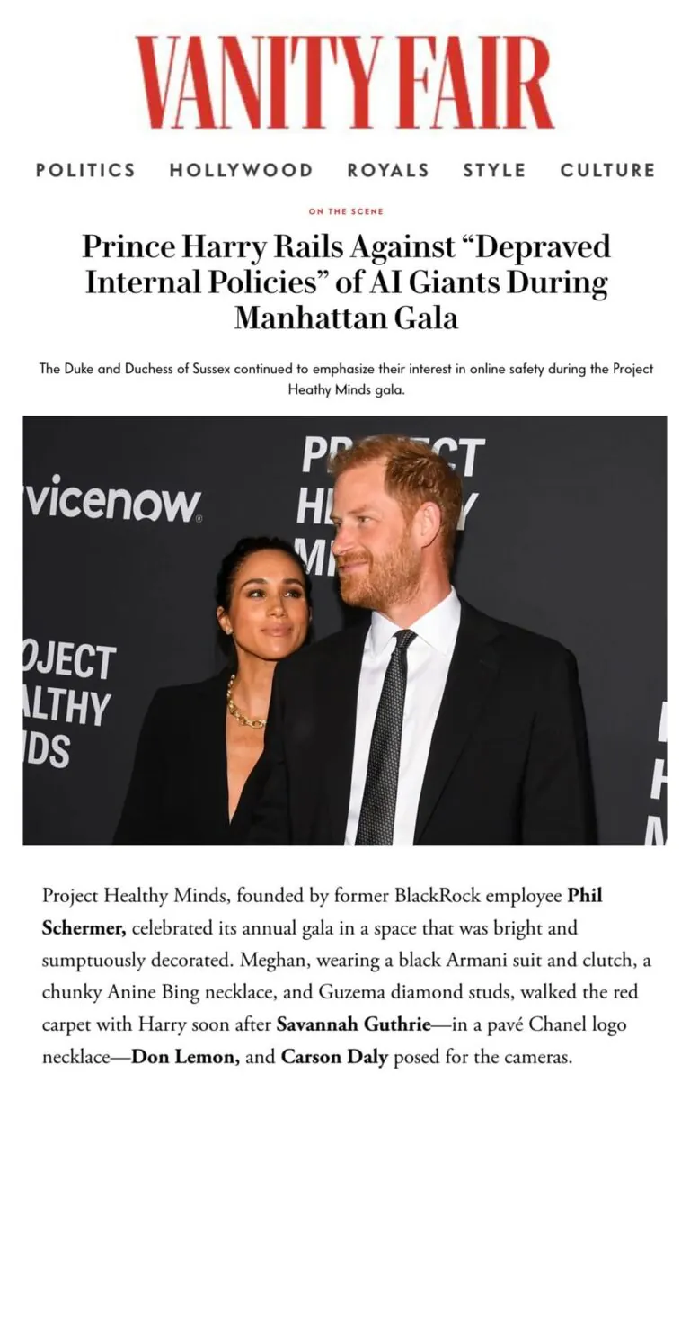 Prince Harry Rails Against “Depraved Internal Policies” of AI Giants During Manhattan Gala